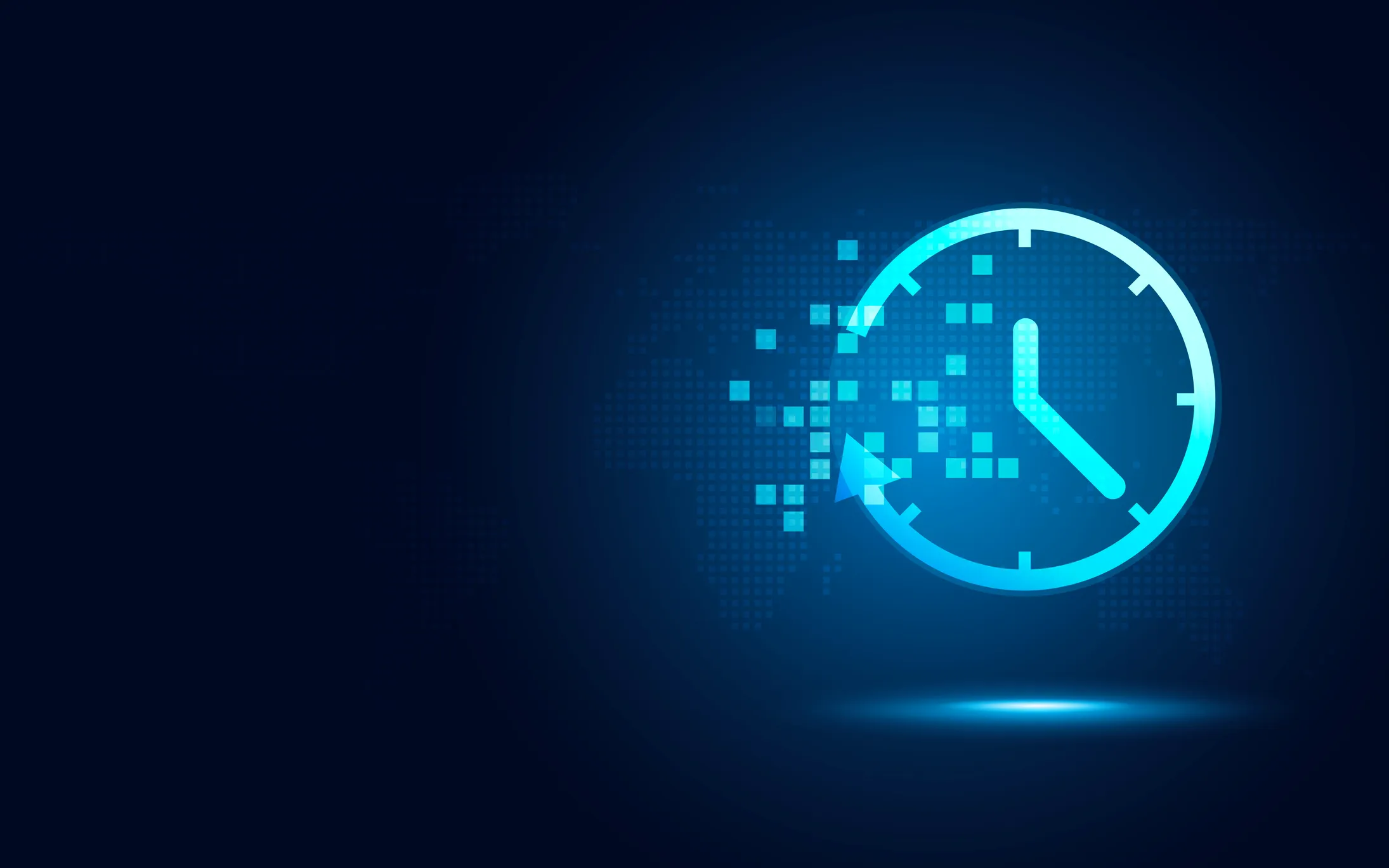 Abstract digital illustration of a glowing blue clock pixelating and breaking apart against a dark blue world map, symbolizing a shrinking window of time in the cyber landscape.